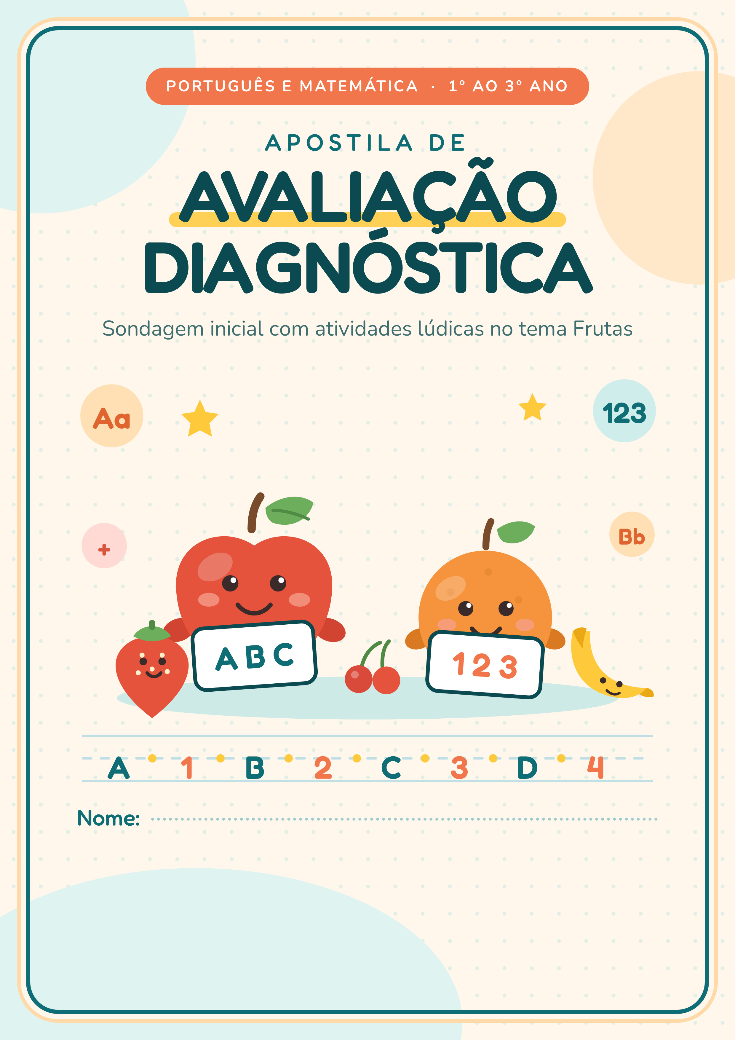 Capa de Apostila Avaliação Diagnóstica Português e Matemática tema Frutas Lúdico Verde