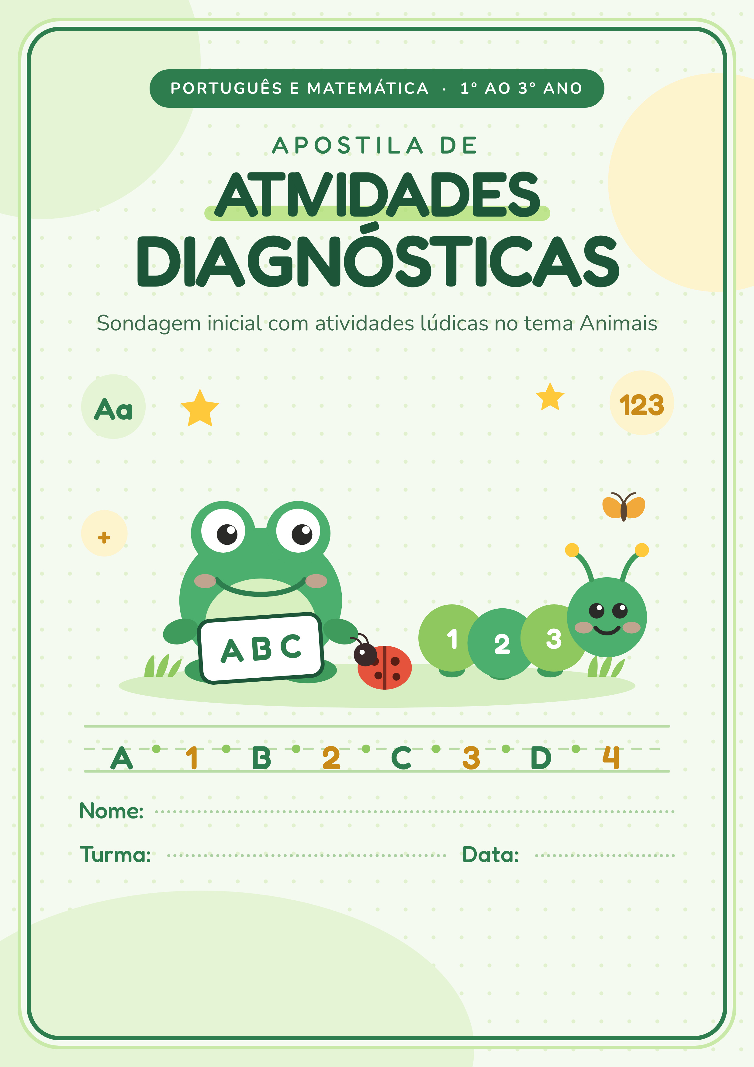 Capa de Apostila de Atividades Diagnósticas Português e Matemática tema Animais Lúdico Verde